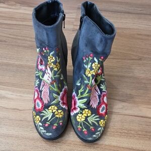 rebels Gray Suede-Look Embroidered Floral & Bird Ankle Boots
